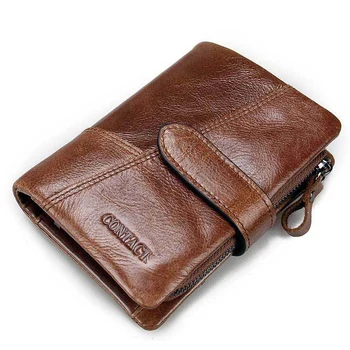 

Leather men's wallet retro solid color cow leather zipper buckle stitching hand strap wallet 2019 new short men's wallet