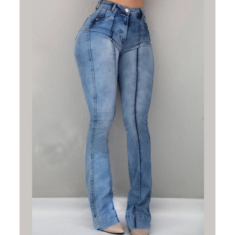 Женские джинсы, повседневные, обтягивающие, тянущиеся, джинсы с завышенной талией, большие, длинные, расклешенные, штаны, светильник, синие, брюки для женщин