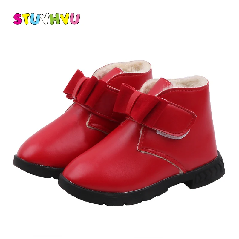 

Children's Boots 2019 Winter New Girls Martin Boots Non-slip Soft Bottom Plus Velvet Kids Leather Boots Fashion Bow Girls Shoes