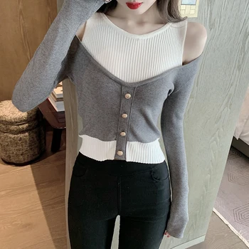 

hollow out shoulder women sweaters spring women's knitted tops