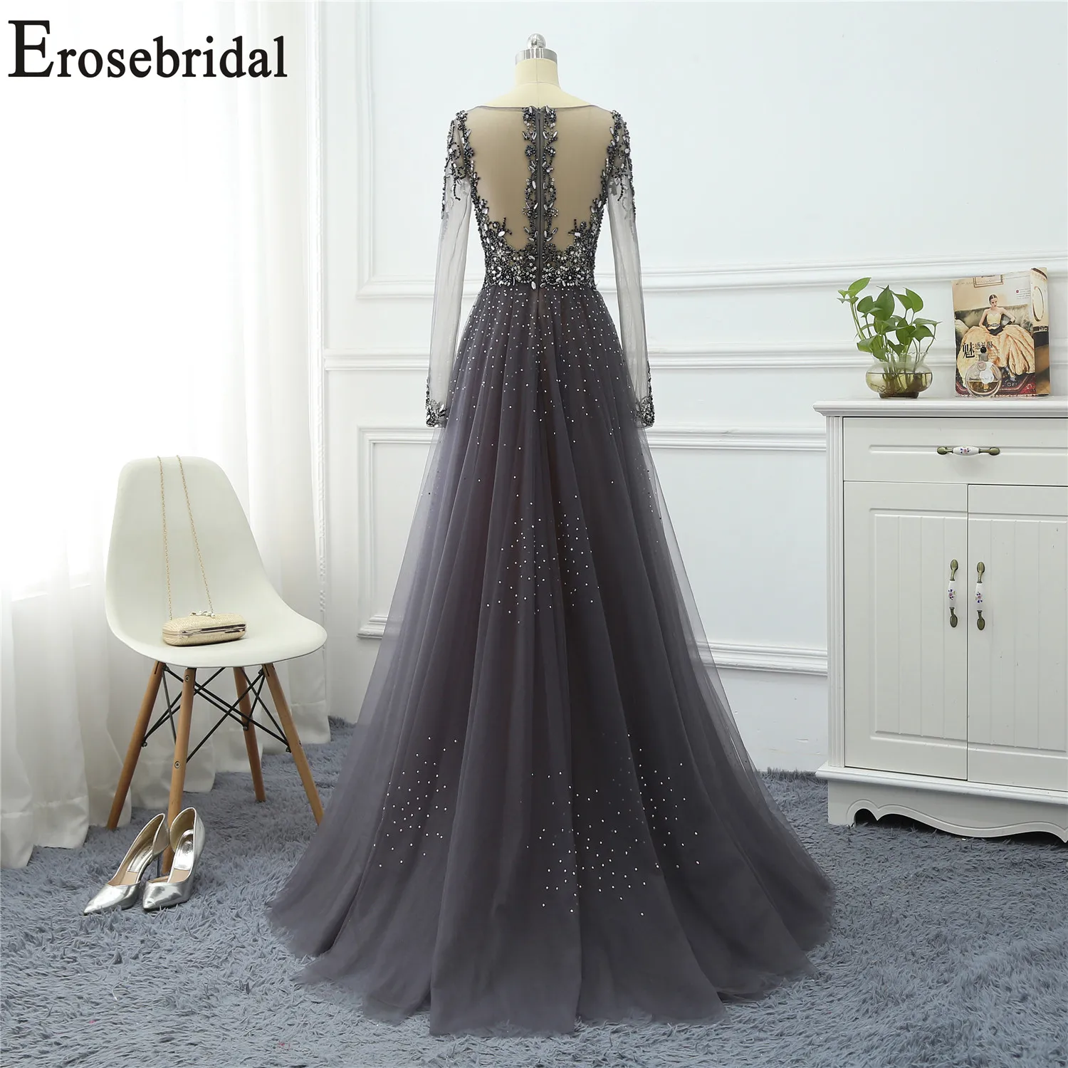 Erosebridal, вечернее платье с длинным рукавом,, элегантные вечерние платья, роскошное, украшенное бисером, с вырезом, с лифом, дизайнерское платье, вечерние платья
