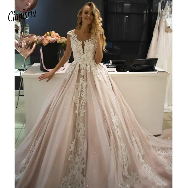 Vestidos элегантное свадебное платье трапециевидной формы с кружевной аппликацией, Блестками, Бисером, пуговицами, шлейфом, на заказ