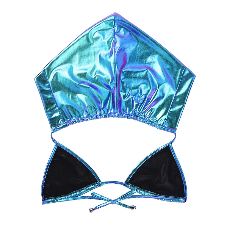 Women Shiny Metallic Deep V Neck Backless Beach Hooded Bikini Bra Tops Club Performance Dance Crop Tops Festival Rave Costume