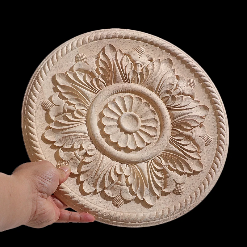 Round Flower Natural Wood Appliques Furniture Wooden Mouldings Vintage Unpainted Accessories Decoration Decal
