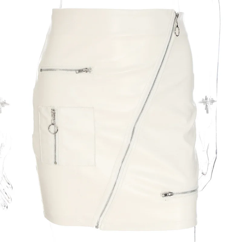Из искусственной кожи юбки женские карман на молнии однотонные белые Bodycon Тонкий Высокая Талия Мини юбка-карандаш карманов Элегантная