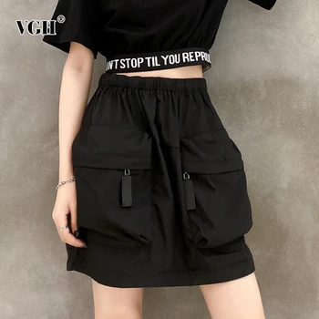 

VGH Patchwork Pockets Skirt For Women High Waist Zippers Ruched Casual Large Size Black Mini Dresses Female 2020 Summer New Tide
