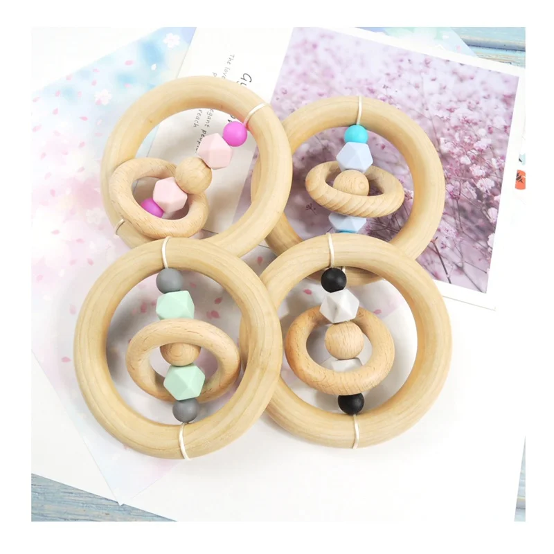 

Natural big 97mm unfinished wooden ring baby rattle eco-friendly silicone baby teether Ring