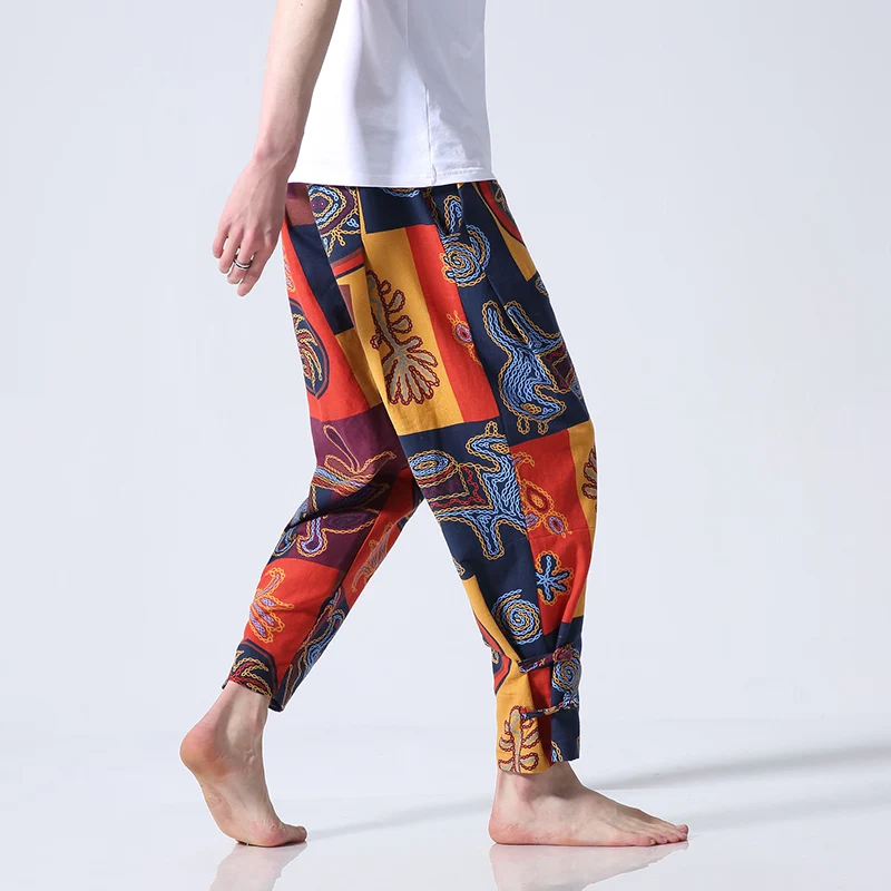 Spring and Summer New Men's Lighweight Linen Loose Harem Pants Chinese Style Pattern Ankle-Length Trousers Drawstring Cool