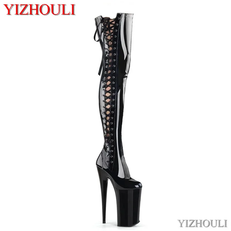

23 cm high heel boots, 9 inches high for gladiator women to knee and thigh sexy pole dancing model walking boots