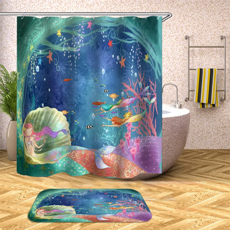 3d waterproof fabric polyester shower curtain sea mermaid landscape flower style bathroom decoration accessories bath screen