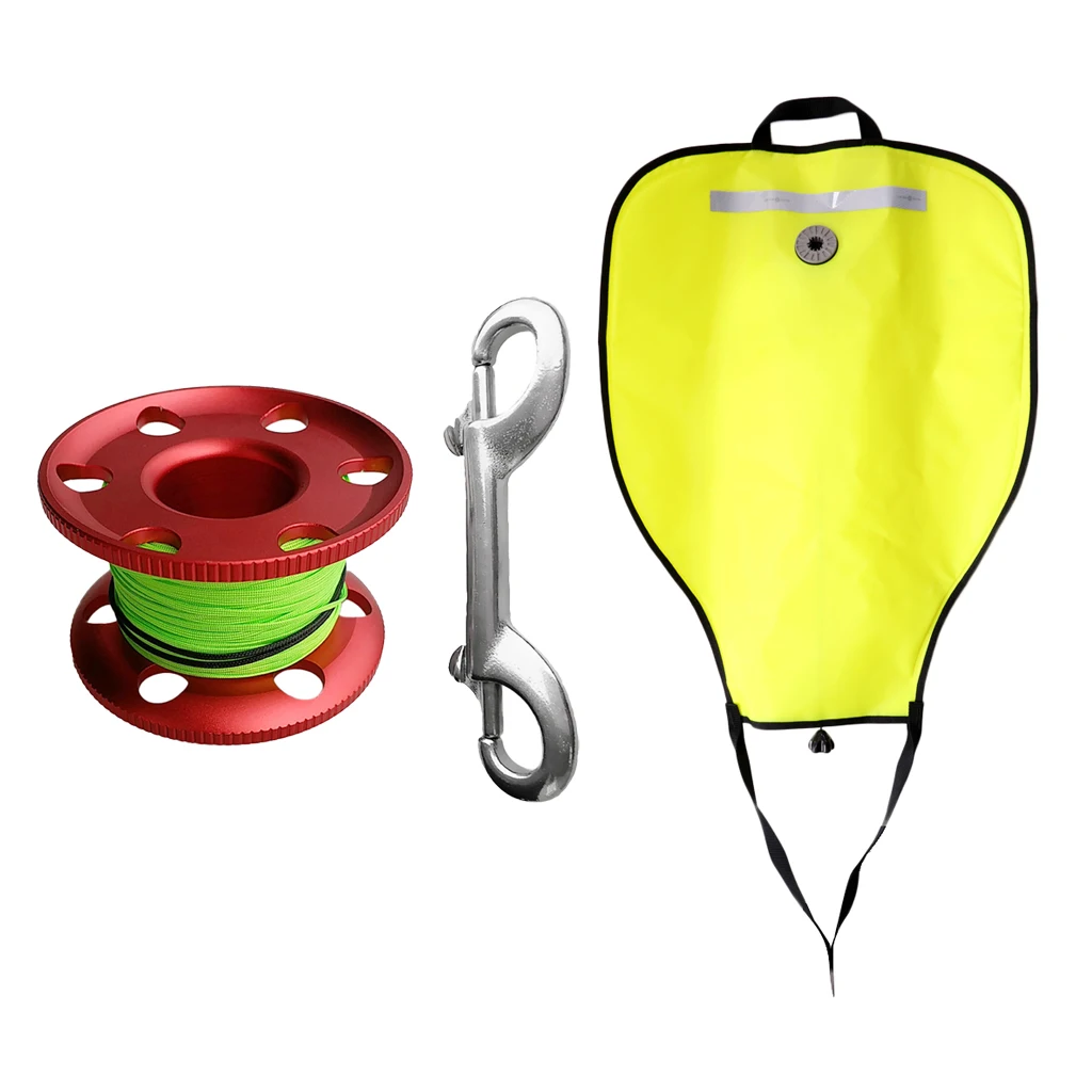 

Scuba Dive Diving Compact Finger Spool Reel Red Green 30m/98ft & 50 Pounds Lift Bag Scuba Diving Lift Pack