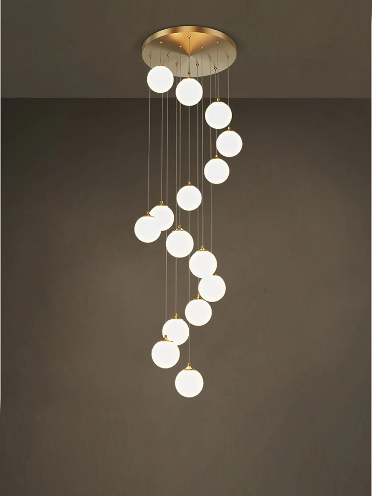 All Copper Aesthetics Glass Ball Chandelier Duplex Apartment Stair Chandeilers Luxury Hotel Villa Lobby Ceiling Hanging Light