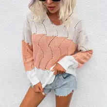 

40% Dropshipping!! Women Sweater Color Block Hollow Out Autumn Winter O Neck Long Sleeve Knitted Pullover Top Streetwear
