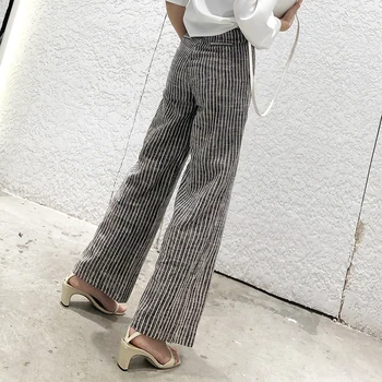 

Ladies Striped cotton and linen wide-leg trousers for women 2019 summer slim loose high-waisted retro straight trousers