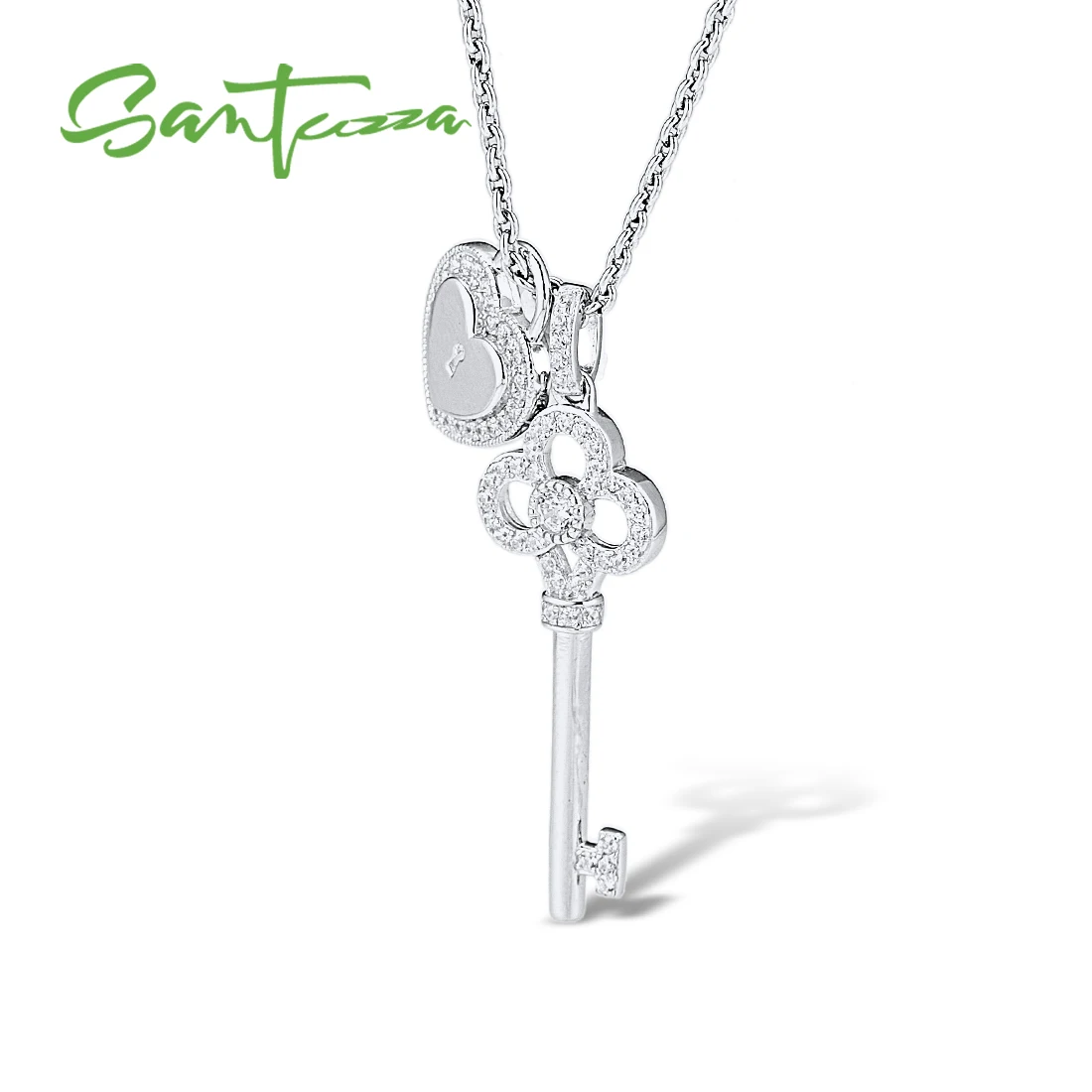 SANTUZZA 925 Sterling Silver Pendant for Women Fit for Necklace Key Heart Lock Romantic White Cubic Zirconia Trendy Fine Jewelry