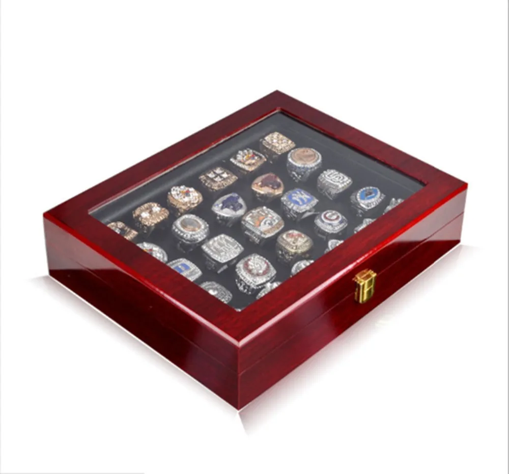 53 RINGS WOODEN CASE CHAMPIONSHIP RINGS CLEAR TOP DISPLAY BOX CASE