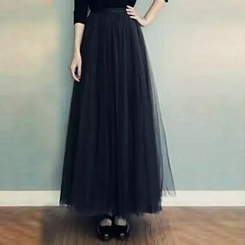 black skirts Весенне-осенняя длинная Тюлевая юбка Falda Mujer однотонная элегантная Корейская женская юбка в складку с высокой талией сетчатая юбка - Цвет: black skirts