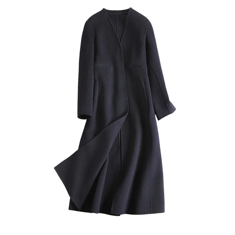 

Wool Coat Women Winter Double Faced Wool Handmade Coat Long Design Slim V-neck Navy Coat Elegant Female Clearance Clothes
