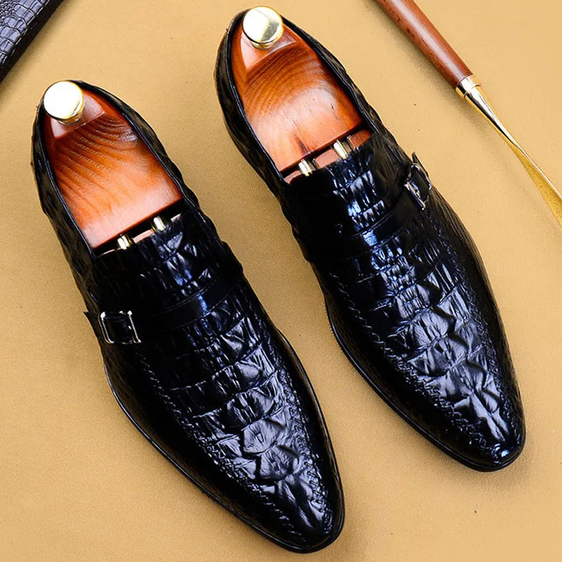 

Fashion Crocodile Shoes Men Handmade Genuine Calf Leather Footwear Plus Size Business Wedding Derby Buckle Strap Oxford Shoes