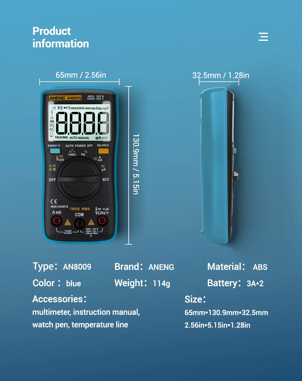 ANENG AN8009 Цифровой мультиметр 9999 количество истинных RMS Автоматический диапазон NCV Омметр AC/DC Напряжение Амперметр измеритель тока температура