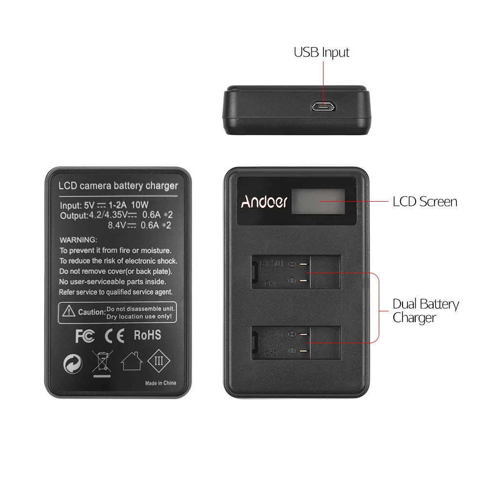 Andoer LCD 2 GOPRO5 Двойной аккумулятор зарядное устройство ЖК камера Зарядка батареи USB
