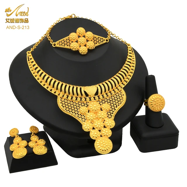 Indian Jewelry Set Wedding 24k Gold Color African Jewelry Dubai Bridal Sets Nigerian Necklace Bracelet Earring Gold Jewellery S-213-Gold