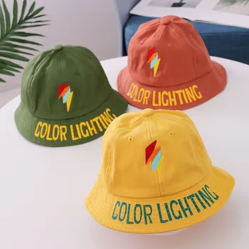 

Baby boy and girl hats 2020 Korean children hat English embroidery lightning baby fisherman bucket hat 1-3 year old baby sun hat