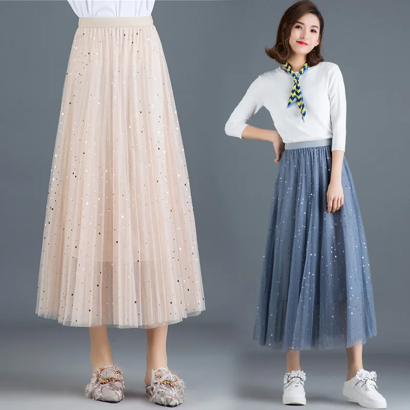 

Lace Gauze Skirt Spring And Autumn Gentle Fairy Skirt 2019 New Style Mid-length High-waisted A- line Skirt