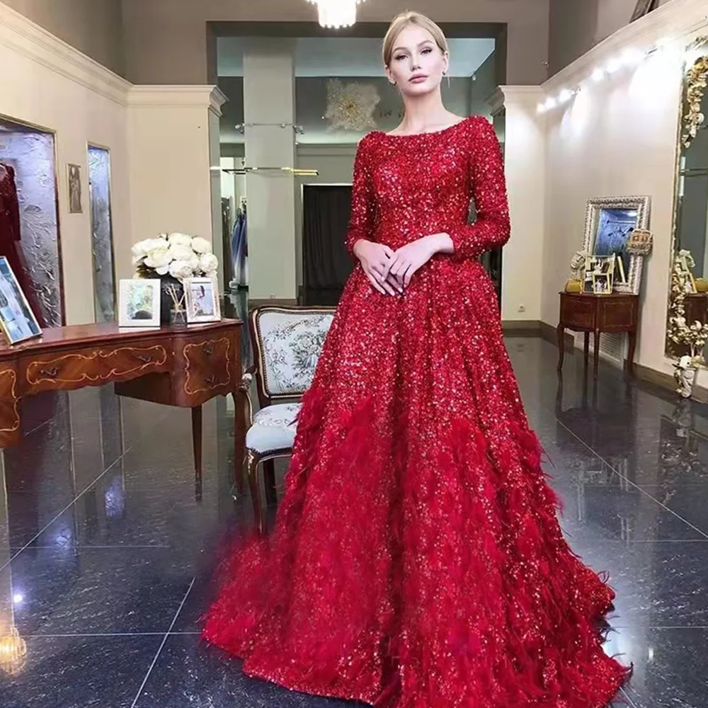 purple prom dress Luxury Red Feather Sequins Prom Dresses Scoop Neck Full Sleeves Evening Gowns Ball Gown Customized robe de soirée de mariage pretty prom dresses