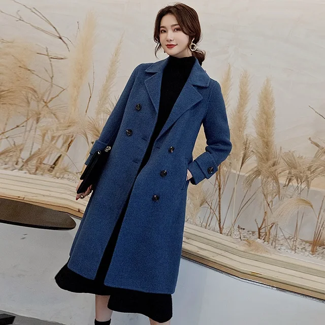 new handmade double-sided cashmere coat female solid color Korean version of autumn and winter wool coat - Цвет: Dark blue