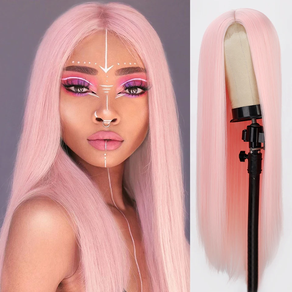 Is a wig-peluca larga y recta de encaje frontal sintético, peluca rosa para mujer, parte media, peluca amarilla y negra, pelo de fibra de alta temperatura