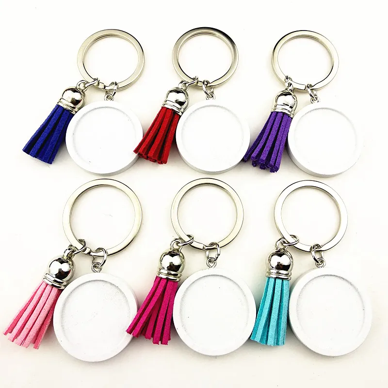 24pcs white red brown dark log Round 25mm Wood Cabochon Stainless Steel Keychain Blank Wooden pendant with tassels | Украшения и