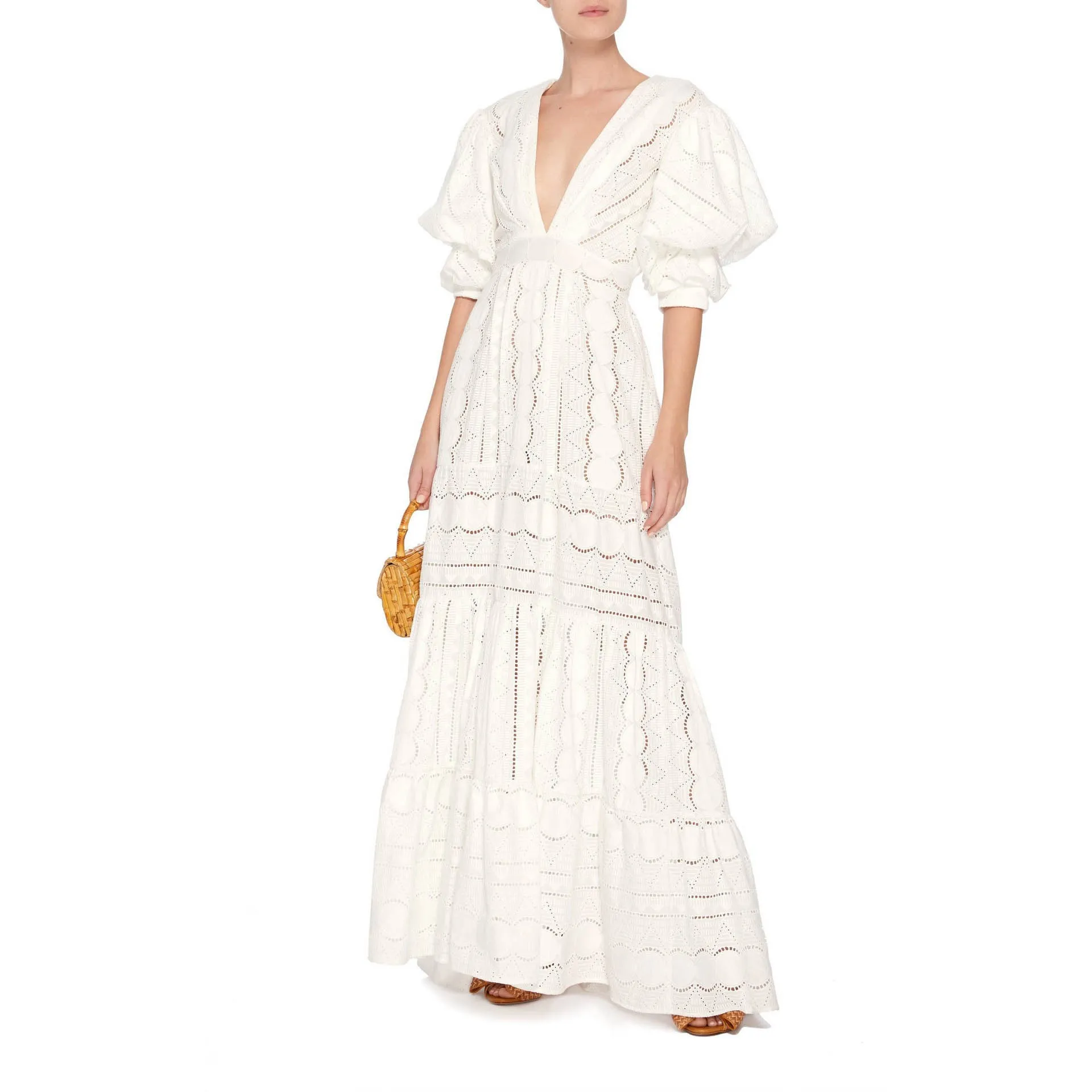 

2019 Sexy Deep V Neck White Lace Dress Women Sundress Patchwork Puff Sleeve Long Maxi Dress Autumn Party Elegant Dresses