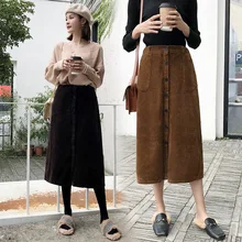 Вельветовая юбка средней длины, Женская юбка, модная длинная юбка, прямая юбка с разрезом, юбка с высокой талией