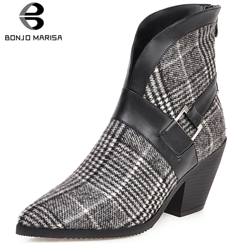 

BONJOMARISA New 31-46 Ladies High Chunky Heels Booties Pointed Toe Shoes Woman Fashion Party Autumn Ankle Boots Women 2020
