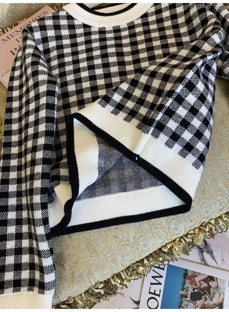 Feminina em Torno do Pescoço Francês de Malha Nova Xadrez Camisola Pulôver Curto Fino Inferior Superior 2021 9 High Quality Moda Feminina