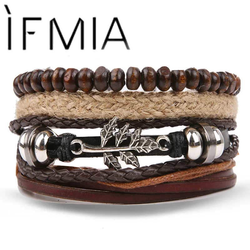 IFMIA винтажные Многослойные Регулируемые кожаные браслеты с листьями для мужчин