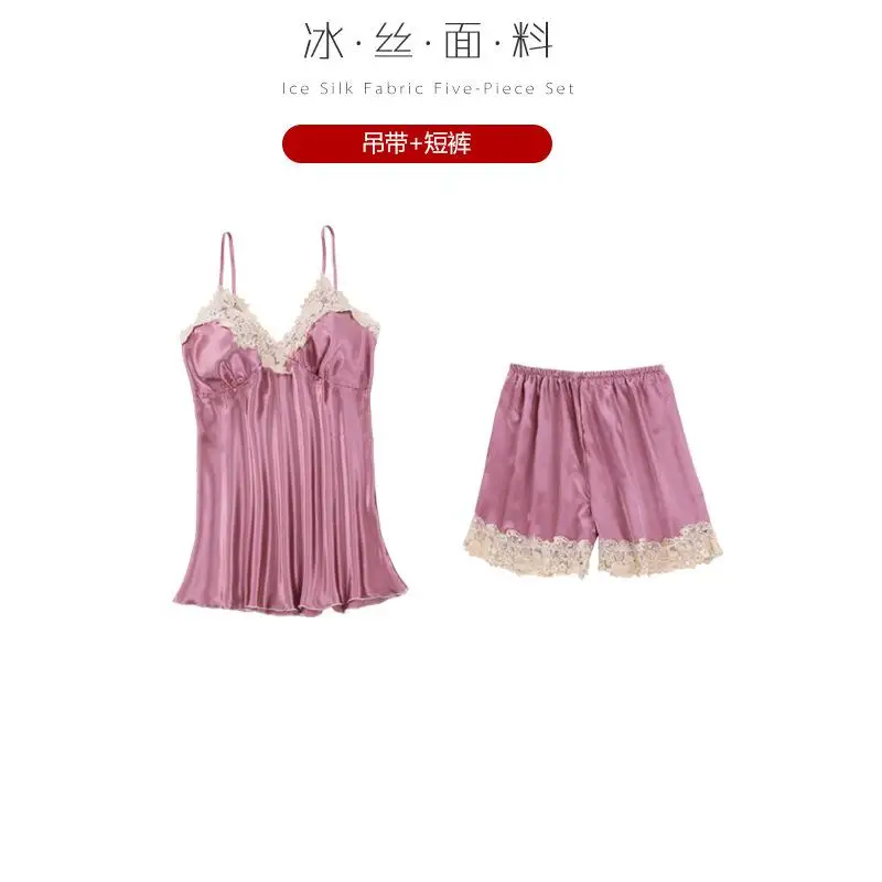 Женский Атласный халат, комплект из 5 предметов, комплект для сна, домашняя одежда для молодых девушек, интимное белье, летняя пикантная кружевная Пижама, женская одежда для сна - Цвет: 2PCS pink2