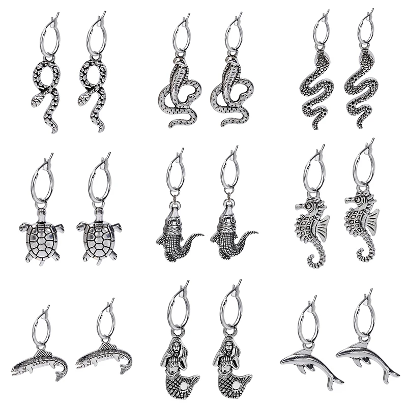 VIVILADY Retro Silver Color Animal Women Drop Earrings Turtle Fish Crocodile Seahorse Dolphin Snake Pendant Jewelry | Украшения и