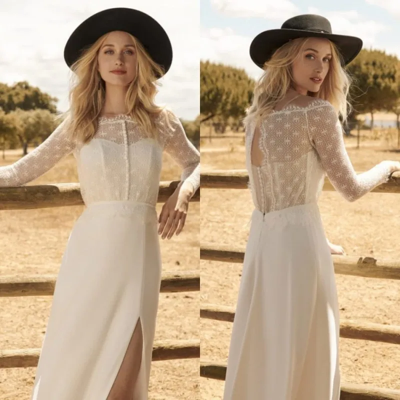 

2020 Bohemian Wedding Dresses Jewel A Line Lace Appliqued Boho Wedding Dress Side Split Plus Size Bridal Gowns