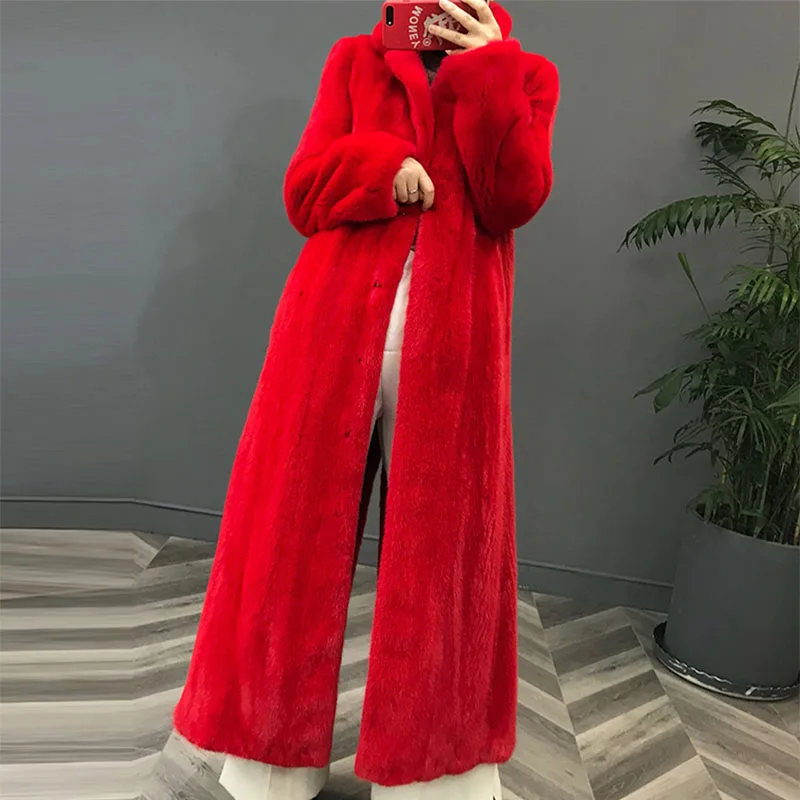 red Новинка 130 см Длина шуба из натуральной норки куртка с воротником Тонкая зимняя женская меховая верхняя одежда размера плюс пальто - Цвет: red