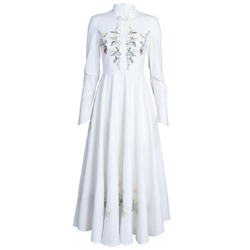 Китайское Стильное женское платье весеннее винтажное cheongsam цветочное Вышитое Платье макси с длинным рукавом облегающее и расклешенное белое вечерние платье