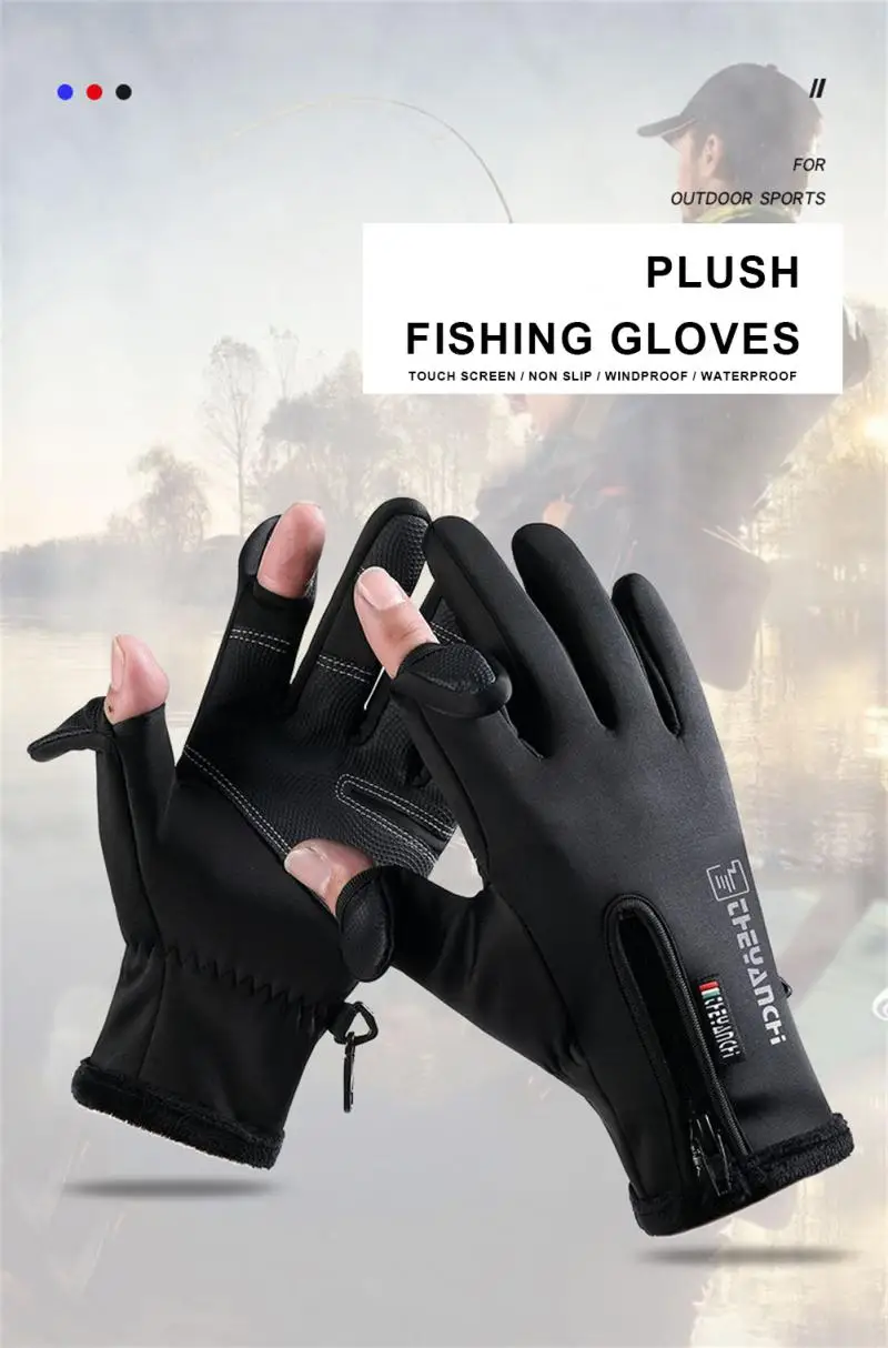 2022 1Pair Outdoor Winter Fishing Gloves Exposed Two-finger Non-Slip Screen Waterproof Non-slip Wrist Elastic Warm Fishing Glove