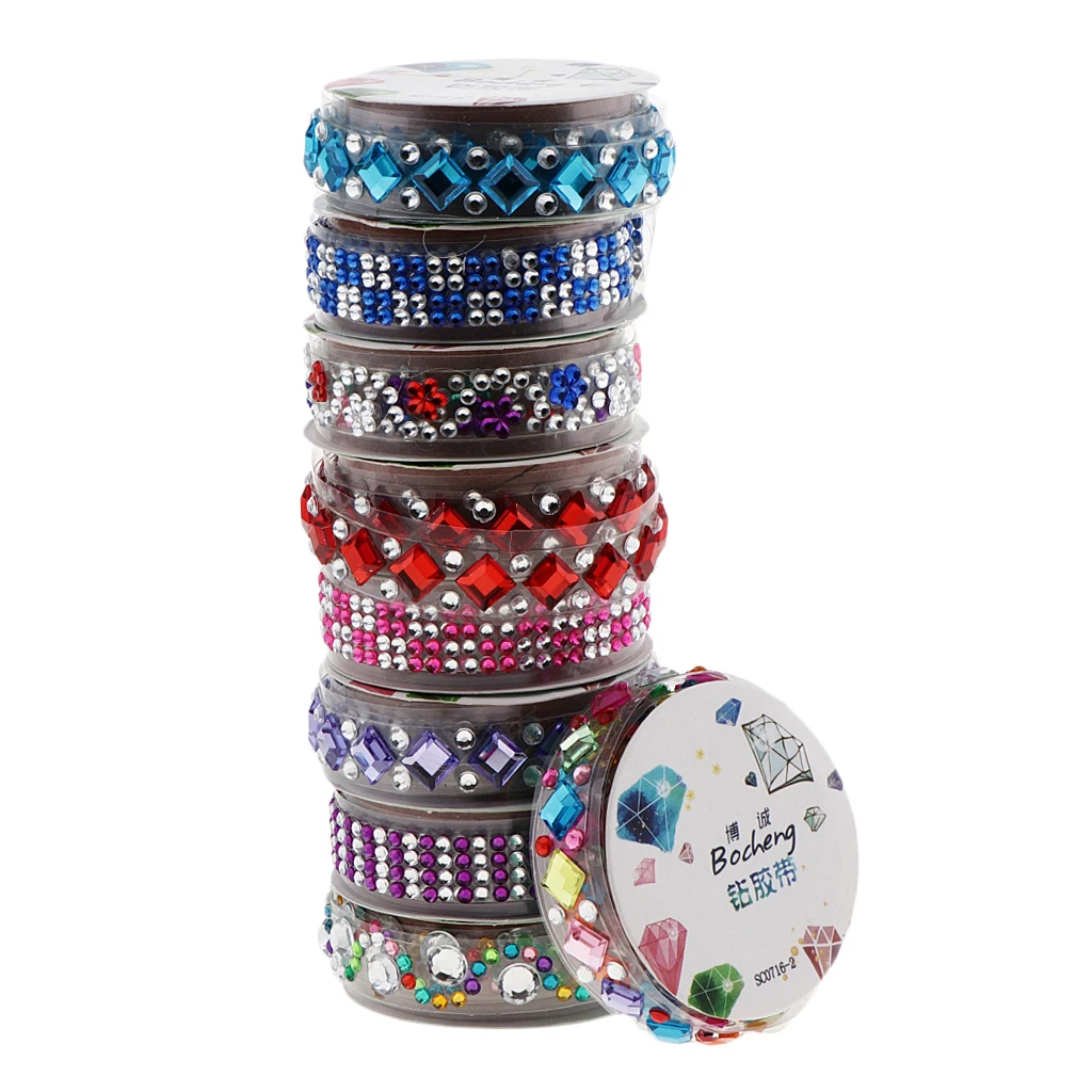 6 Rolls Bulk Lots Self-Adhesive Rhinestone Sticker Bling Craft Jewels Crystal Gem Stickers Tape Roll Assorted Size and Shapes