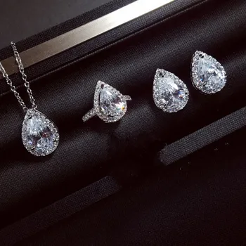 

Water Drop Earring Pendant Ring Jewelry set Real 925 sterling silver bijou cz Wedding Earrings Rings necklace for women Jewelry
