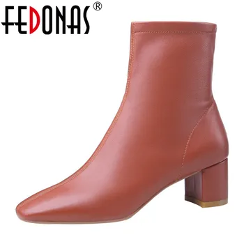 

FEDONAS Ankle Boots Women Autumn Winter Warm Genuine Leather Concise Short Boots Square Toe Basic Office Shoes Woman Chelsea