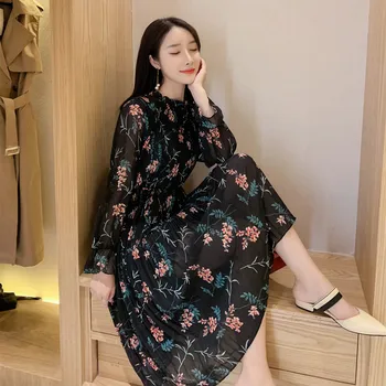 

Elegant Chiffon Floral Print Evening Dress Women Lace Up Long Sleeve Pleated Beige Black Beach Dresses Robes De Soiree Longue