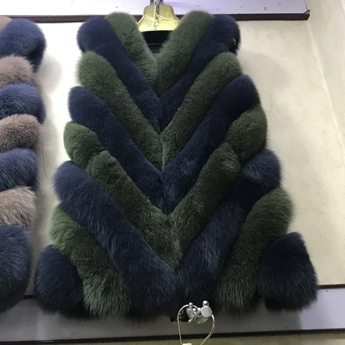 dark gray and green Натуральный Лисий мех жилет качество натуральный Лисий мех пальто без рукавов натуральный Лисий полный меховые пальто Теплые мягкие настоящий жилет из лисьего меха - Цвет: dark gray and green
