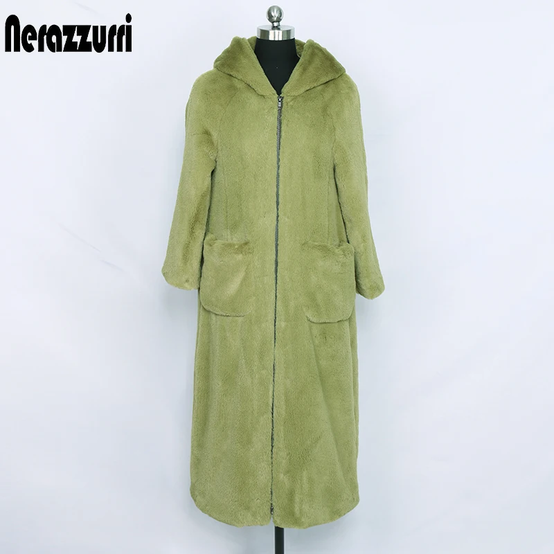 ArmyGreen Нераззурри длинное пальто из искусственного меха с большим капюшоном ArmyGreen черного размера плюс зимнее плюшевое пальто женское пушистое плюшевое пальто лучшее качество на молнии искусственная шуба женская 6xl 7xl - Цвет: ArmyGreen