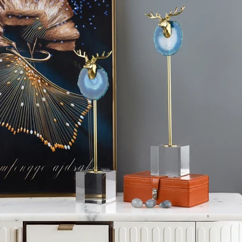

Luxurious Brass Deer Head With Blue Agate Stone Ornament Modern Crystal With Stand Figurine Crafts Home Decor Accessories Gift